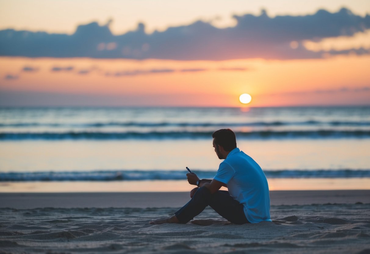 A serene beach at sunrise, with a lone figure sitting on the sand, pen in hand, contemplating the horizon