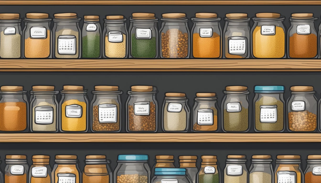 A shelf filled with various spice jars, some opened and partially used, others still sealed. A calendar on the wall with expiration dates circled