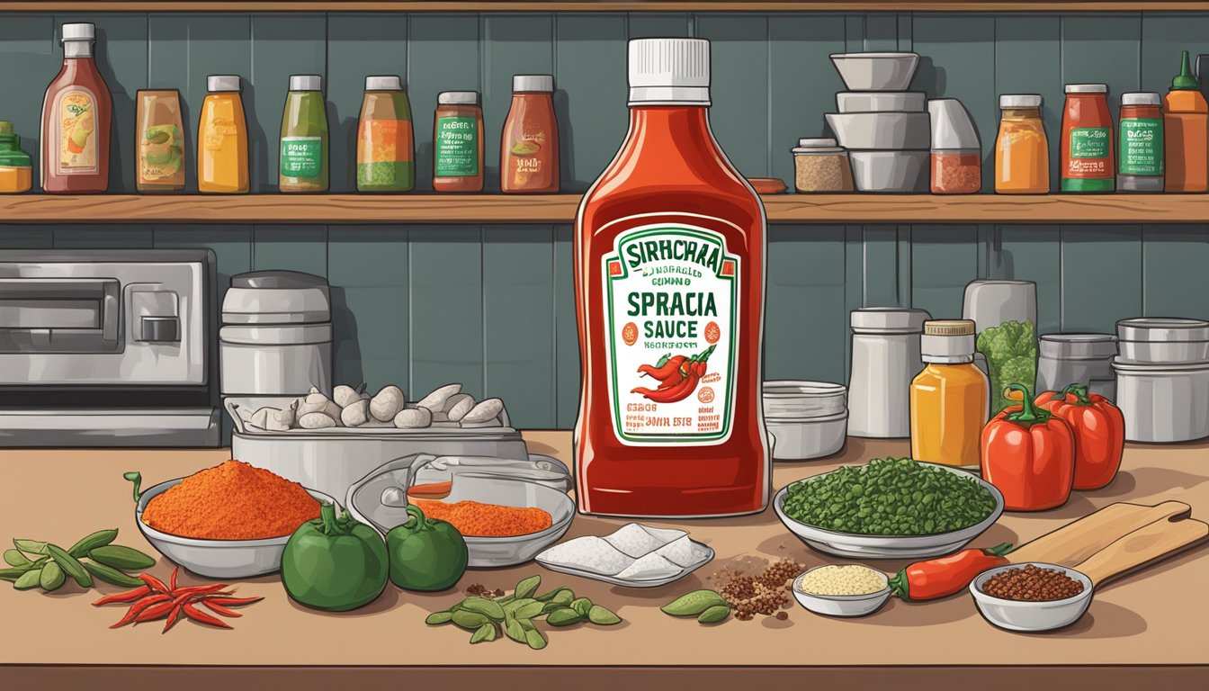 A bottle of Sriracha sauce sits on a kitchen counter, surrounded by various condiments and spices. The label on the bottle indicates the expiration date