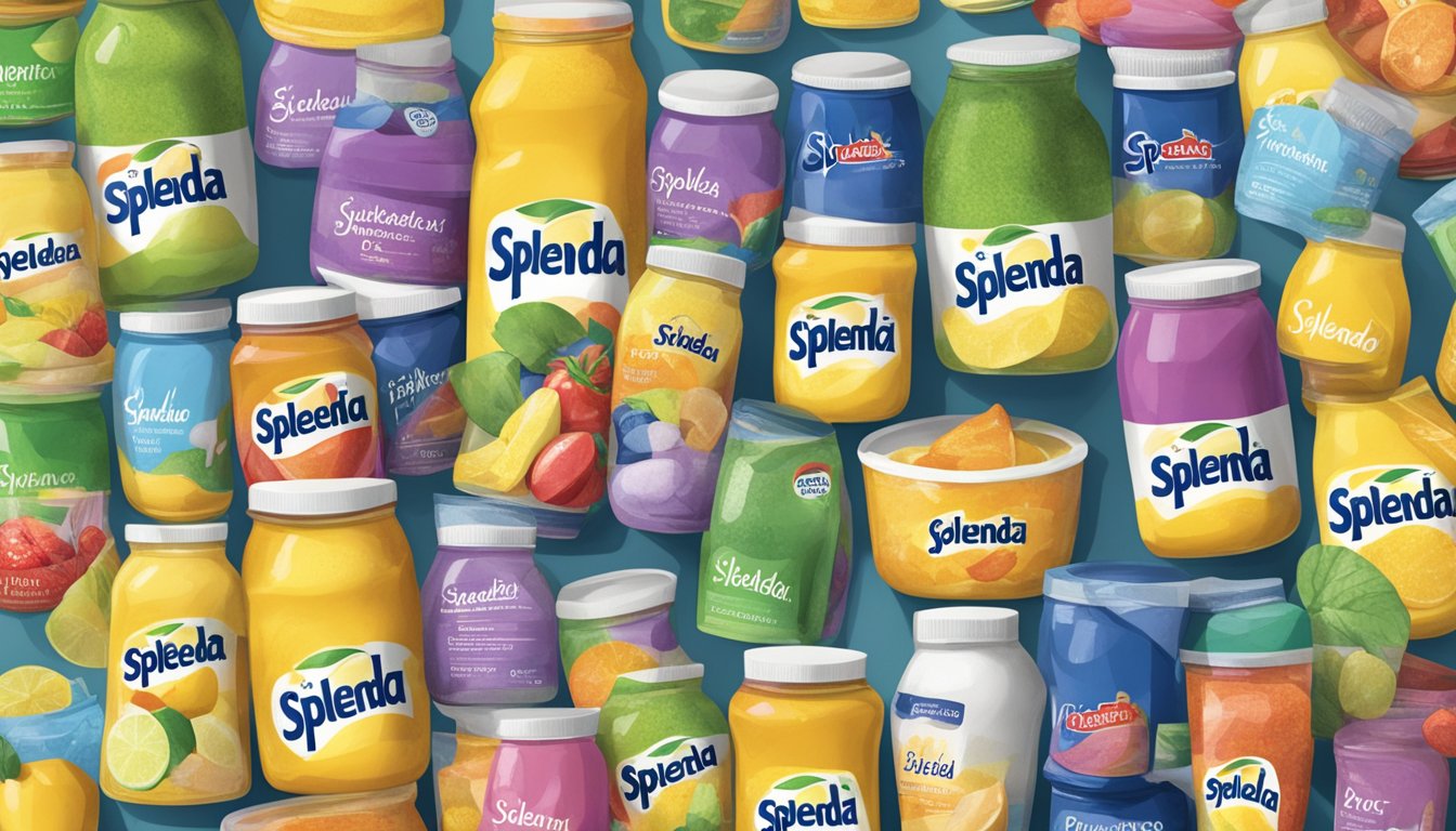 A jar of Splenda sits on a kitchen counter, surrounded by various packets and containers of different Splenda varieties