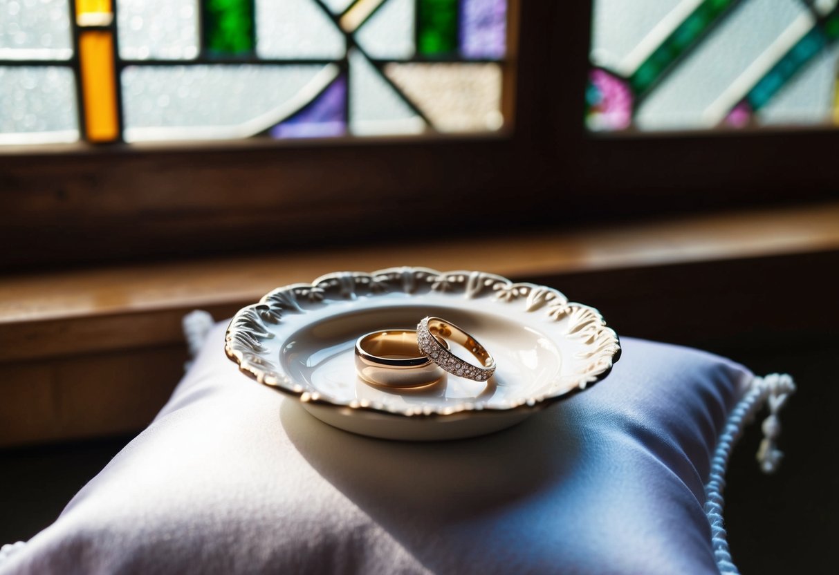 A small, ornate dish holds the wedding rings, resting on a white satin pillow. Sunlight streams through a stained glass window, casting colorful reflections on the rings