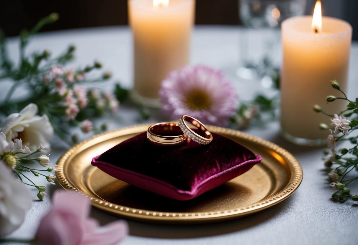 A pair of elegant rings placed on a velvet cushion atop a golden tray, surrounded by delicate flowers and soft candlelight
