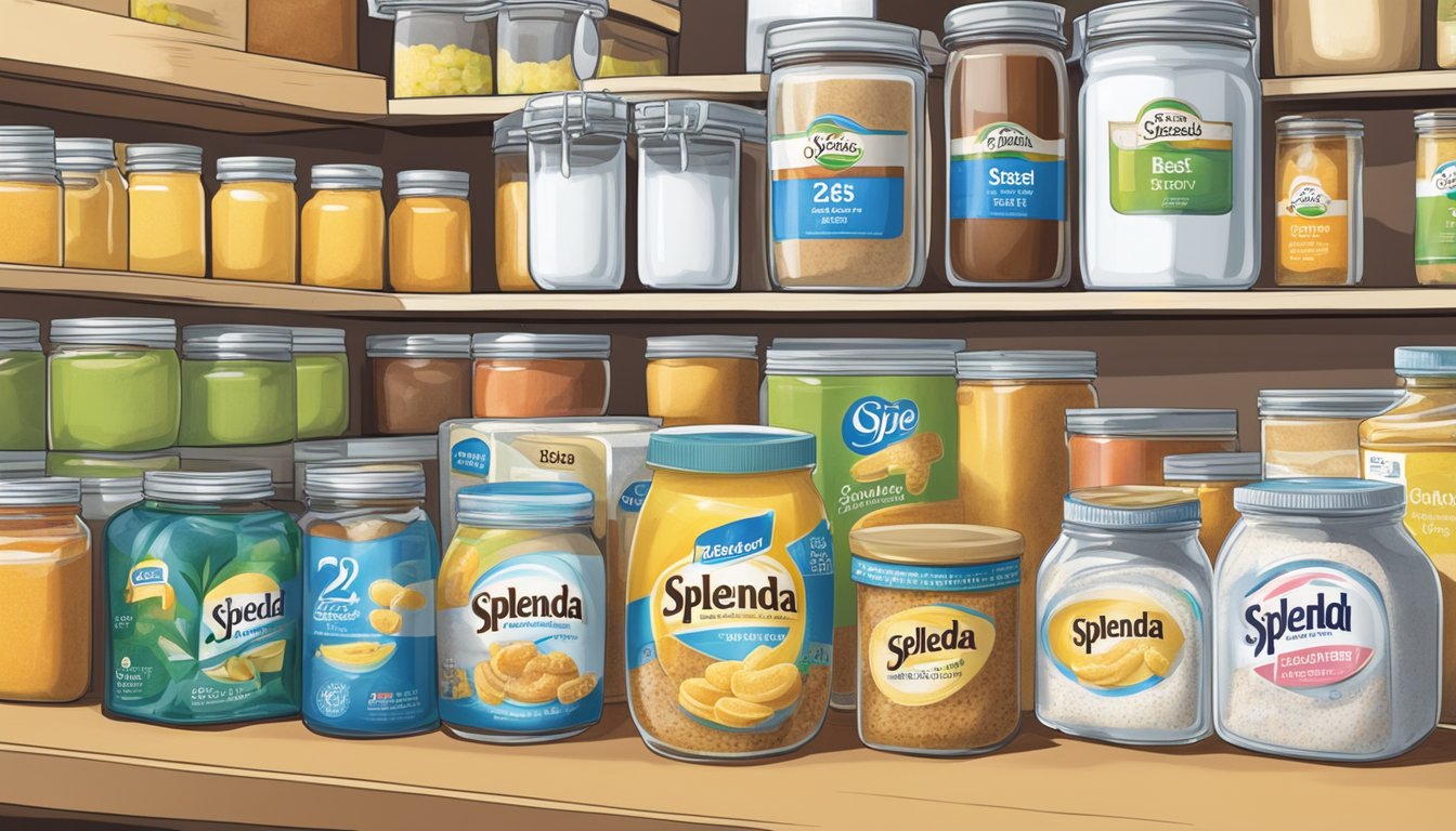 A jar of Splenda sits on a shelf next to other pantry items, with a "Best By" date clearly visible on the label