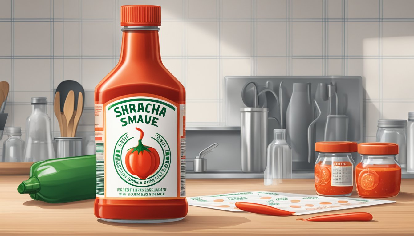 A bottle of Sriracha sauce sits on a kitchen counter next to a calendar, with a few drops spilled around the cap. The label shows the expiration date