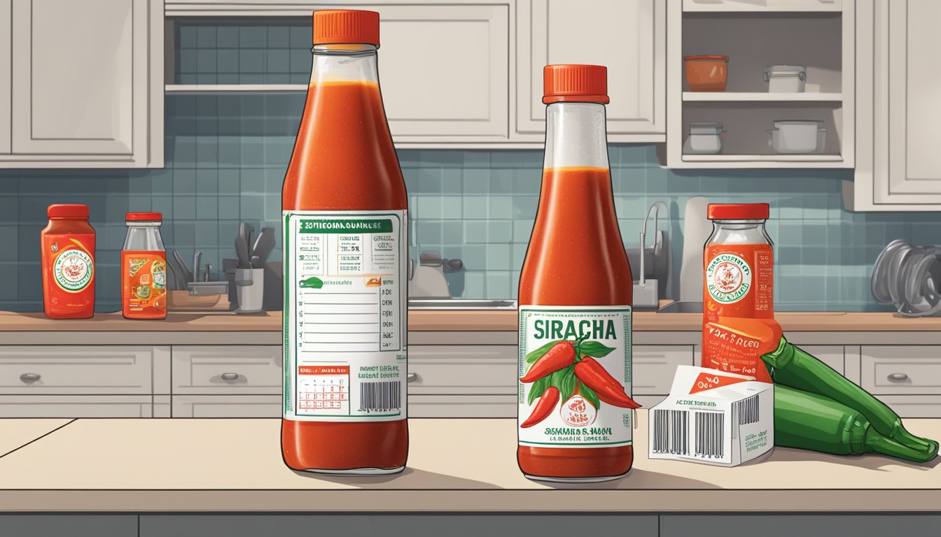 A bottle of Sriracha sauce sits on a kitchen counter, surrounded by various expiration date labels and a calendar