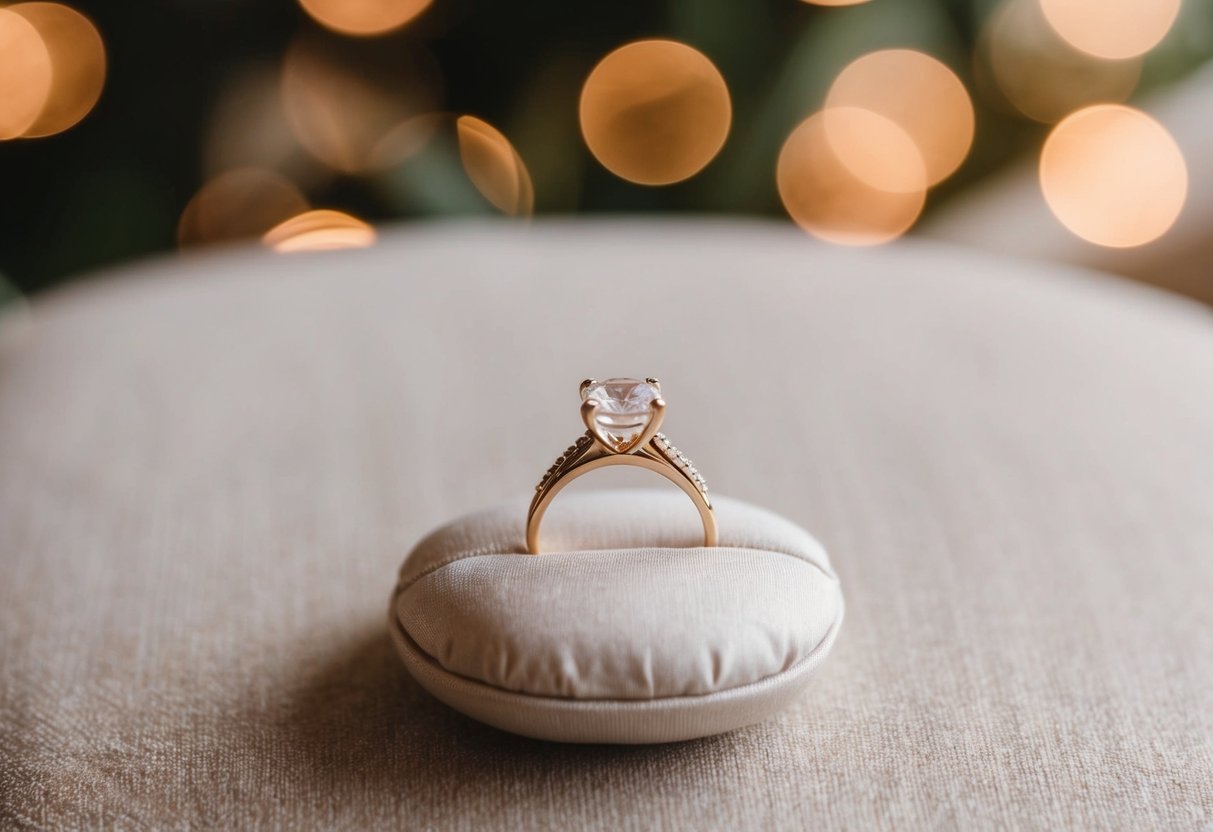 A small, elegant ring box placed on a cushion or decorative stand