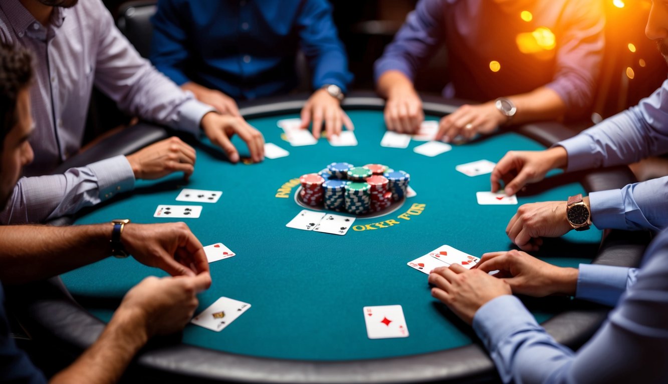 Sebuah meja poker online yang hidup dan ramai dengan pemain yang mengatur kartu mereka secara strategis