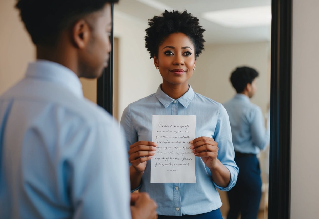 A person standing in front of a mirror, holding a piece of paper with handwritten vows, looking thoughtful