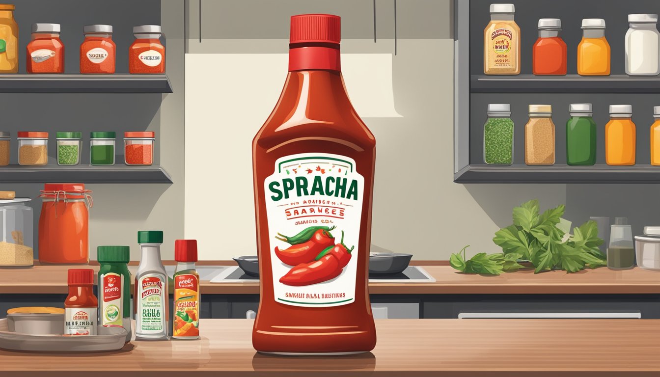 A bottle of Sriracha sauce sits on a kitchen shelf, surrounded by various condiments and spices. The label shows the expiration date, while a small puddle of sauce has dripped down the side of the bottle