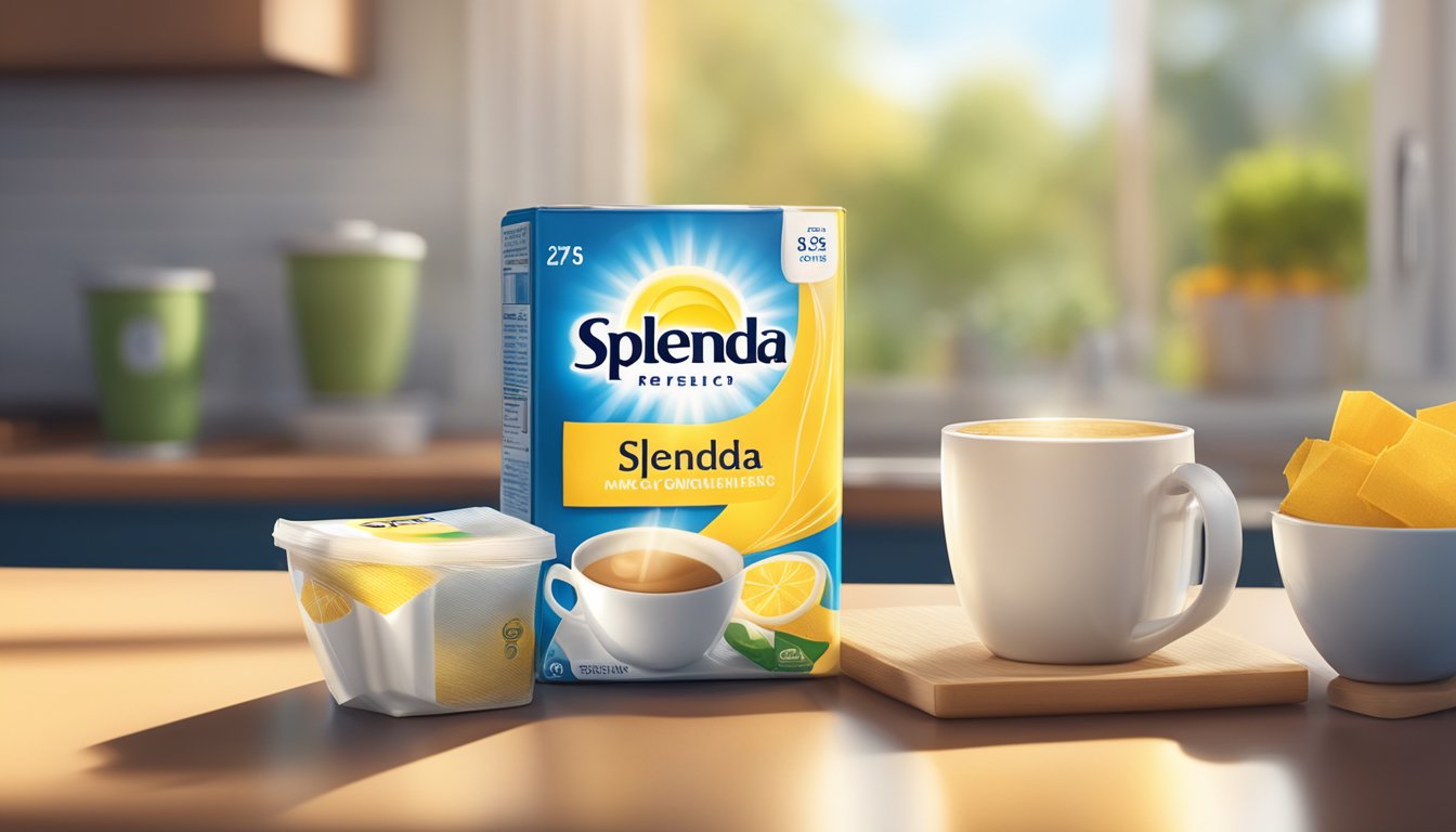 A packet of Splenda sits on a kitchen counter next to a cup of coffee. The morning sunlight streams in through the window, casting a warm glow over the scene