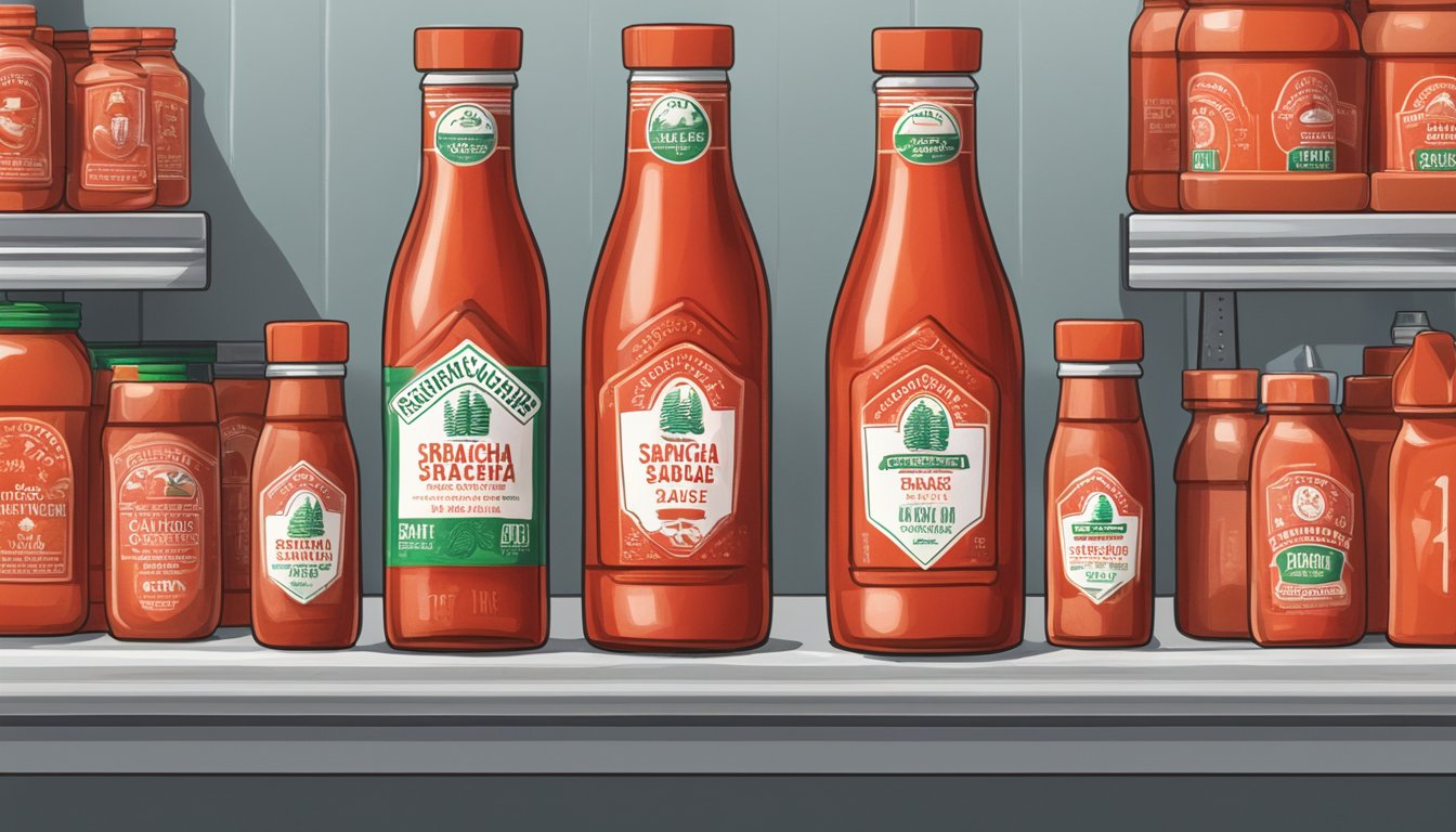 A bottle of Sriracha sauce sits on a shelf with a "best by" date visible. The label is clean and intact, and the bottle is unopened