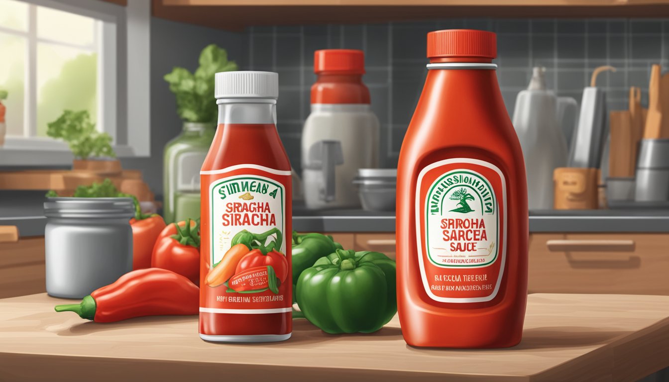 A bottle of Sriracha sauce sits on a kitchen shelf next to other condiments. The label shows the expiration date, while the cap is sealed tightly