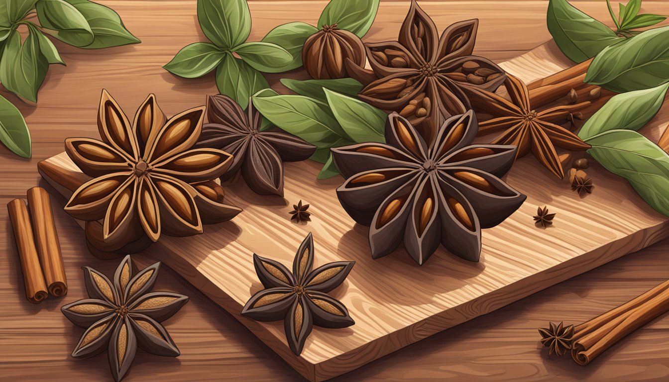 A cluster of star anise pods sits on a wooden cutting board, surrounded by scattered whole spices and herbs. The warm, earthy aroma fills the air