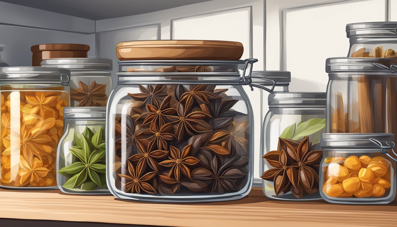 Star anise stored in a sealed glass jar on a pantry shelf