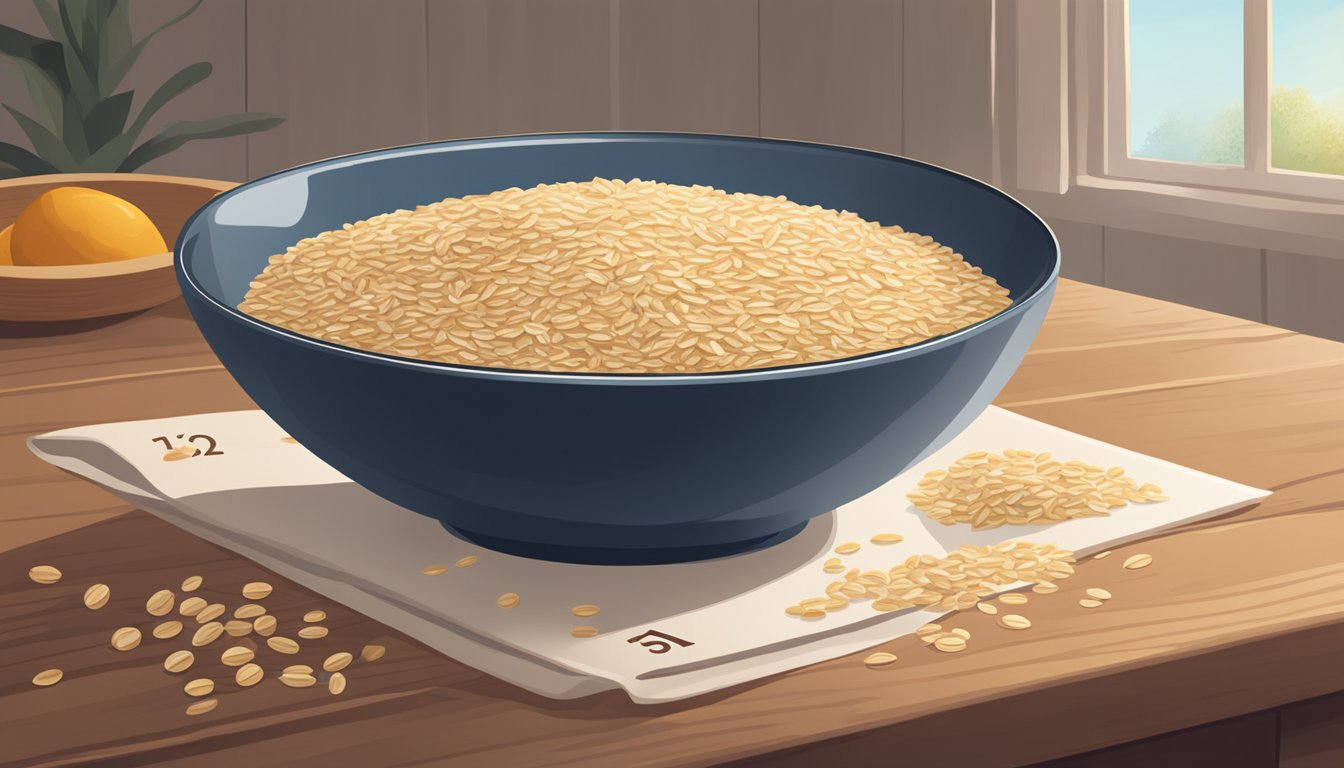 A bowl of steel-cut oats sits on a wooden table, surrounded by a scattering of oats. A calendar on the wall shows the current date