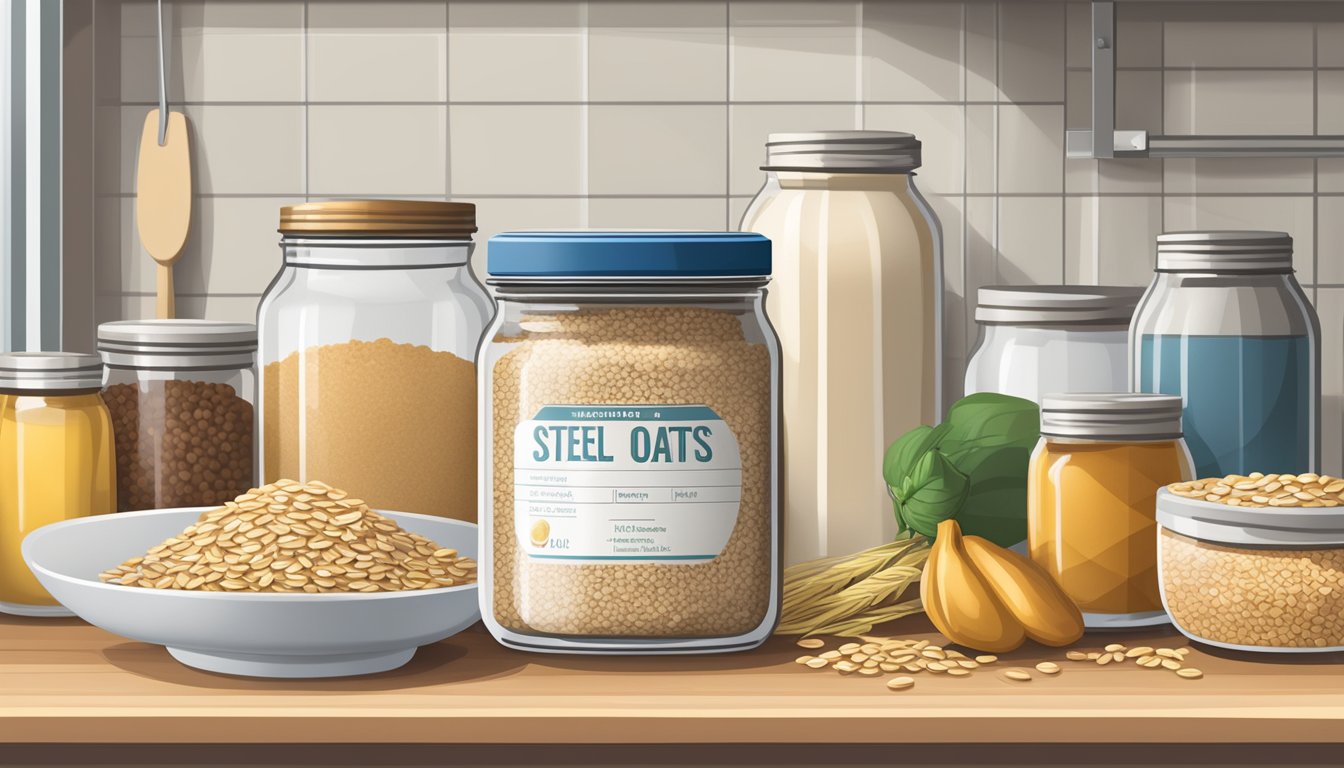 A jar of steel-cut oats sits on a kitchen shelf, surrounded by other pantry items. The label on the jar indicates the nutritional profile of the oats