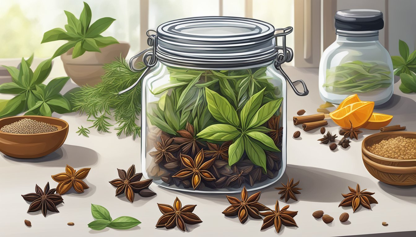 A jar of star anise sits on a kitchen counter, surrounded by other spices and herbs. The vibrant, fragrant star-shaped pods are intact, exuding a sense of freshness