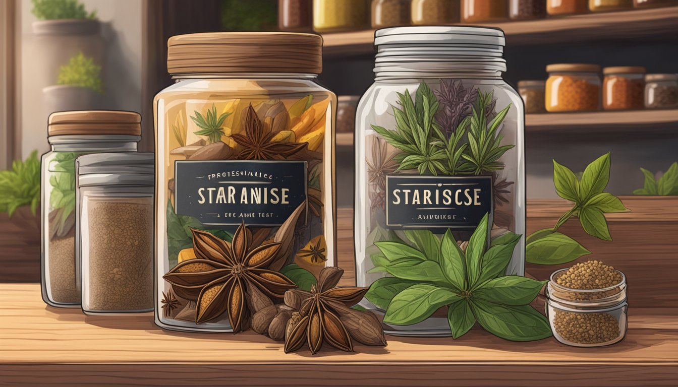 A jar of star anise sits on a wooden shelf next to various other spices and herbs. The label on the jar is faded, indicating it has been there for a while