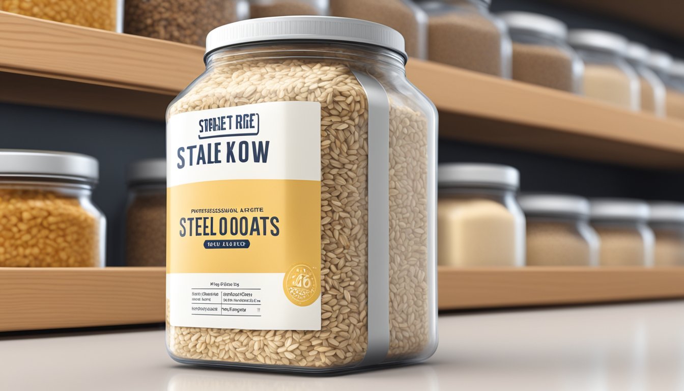 A sealed container of steel-cut oats on a pantry shelf, with a label indicating the date of purchase and a note on proper storage techniques