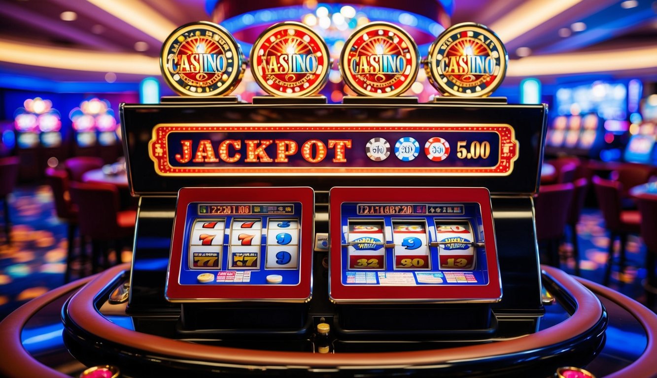 Sebuah suasana kasino yang cerah dan hidup dengan tampilan jackpot yang mencolok dan menarik