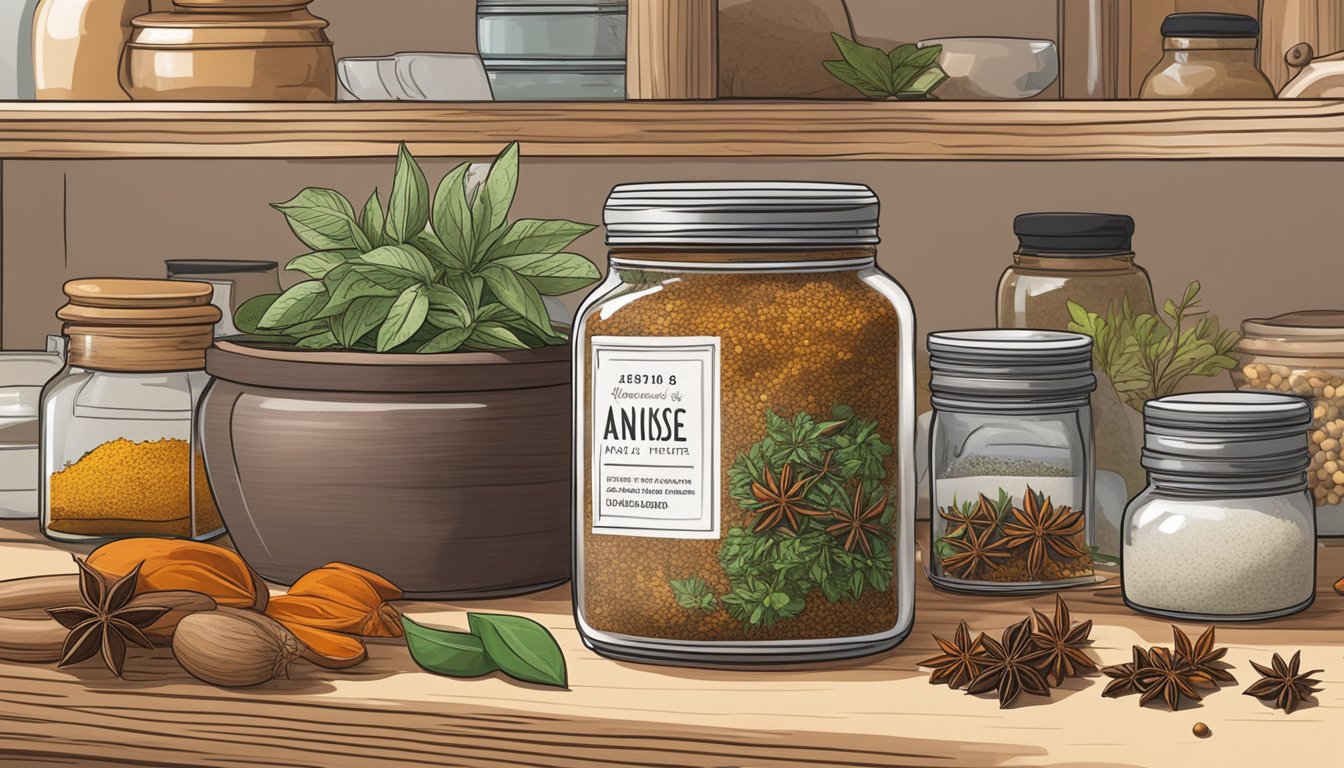 A jar of star anise sits on a kitchen shelf, surrounded by other spices and herbs. The label indicates its health benefits and expiration date