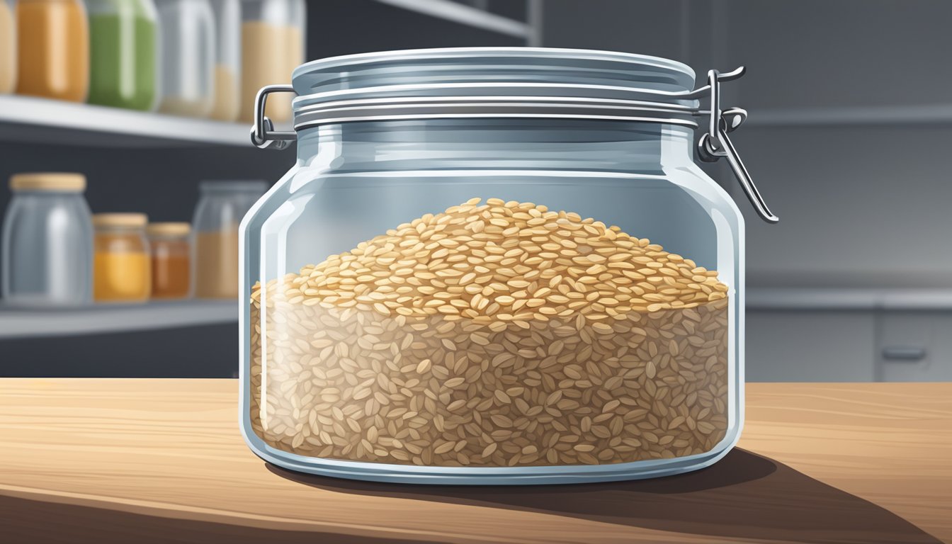 A glass jar filled with steel-cut oats, sealed tightly with a lid, sitting on a shelf in a cool, dry pantry