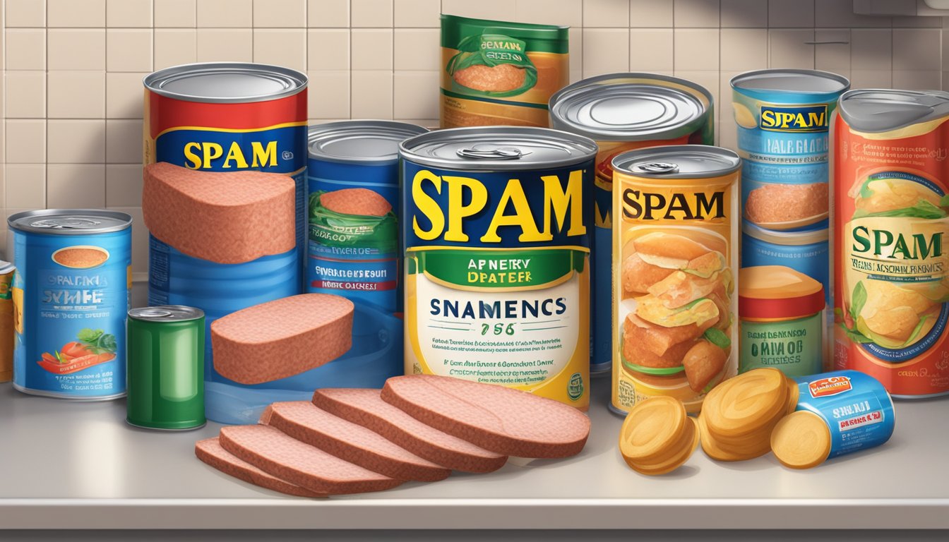 A can of Spam sits on a kitchen counter, surrounded by other pantry items. The expiration date on the can is clearly visible