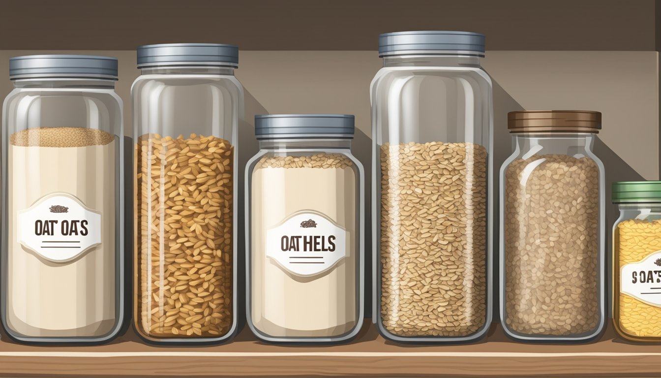 A pantry shelf with a row of glass jars filled with steel-cut oats, a canister labeled "oats," and a sealed bag of oats