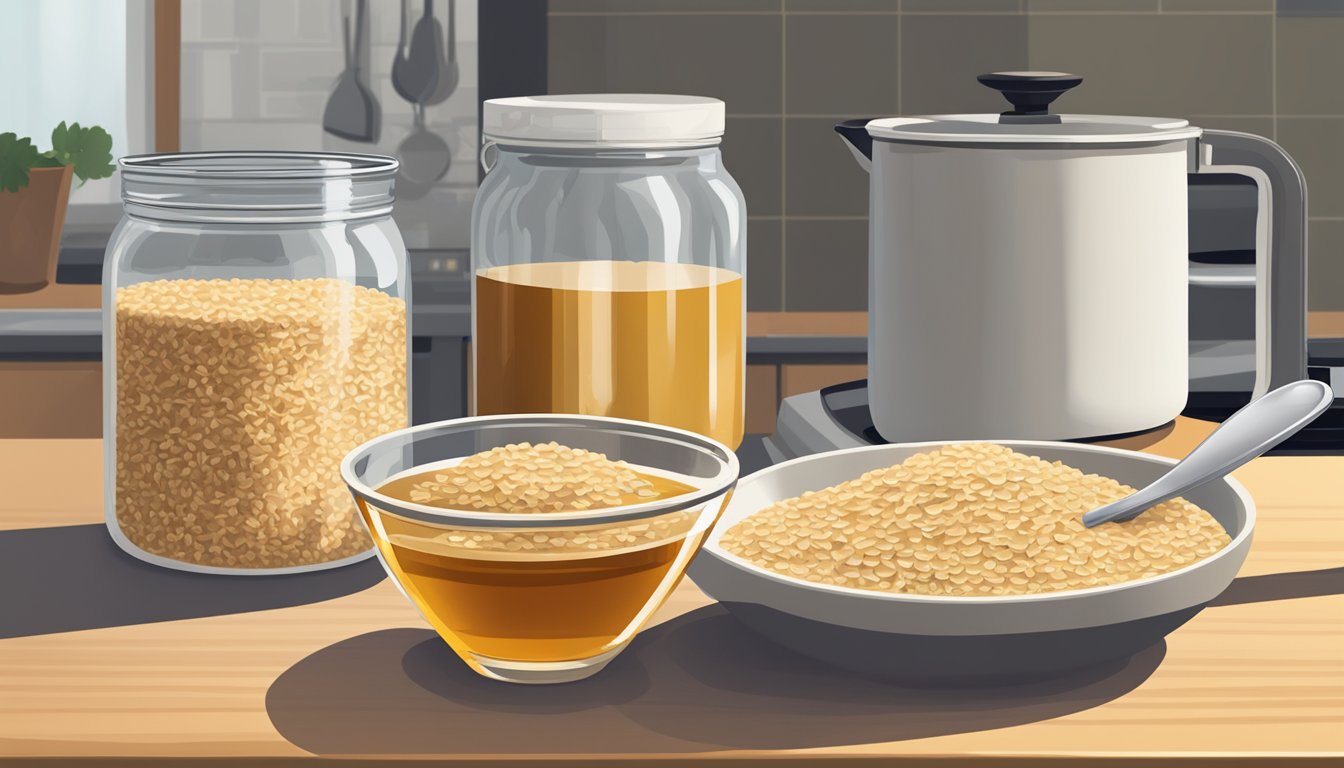 A bowl of steel-cut oats sits on a kitchen counter, surrounded by a measuring cup, spoon, and a jar of honey. A steaming pot of oats simmers on the stove