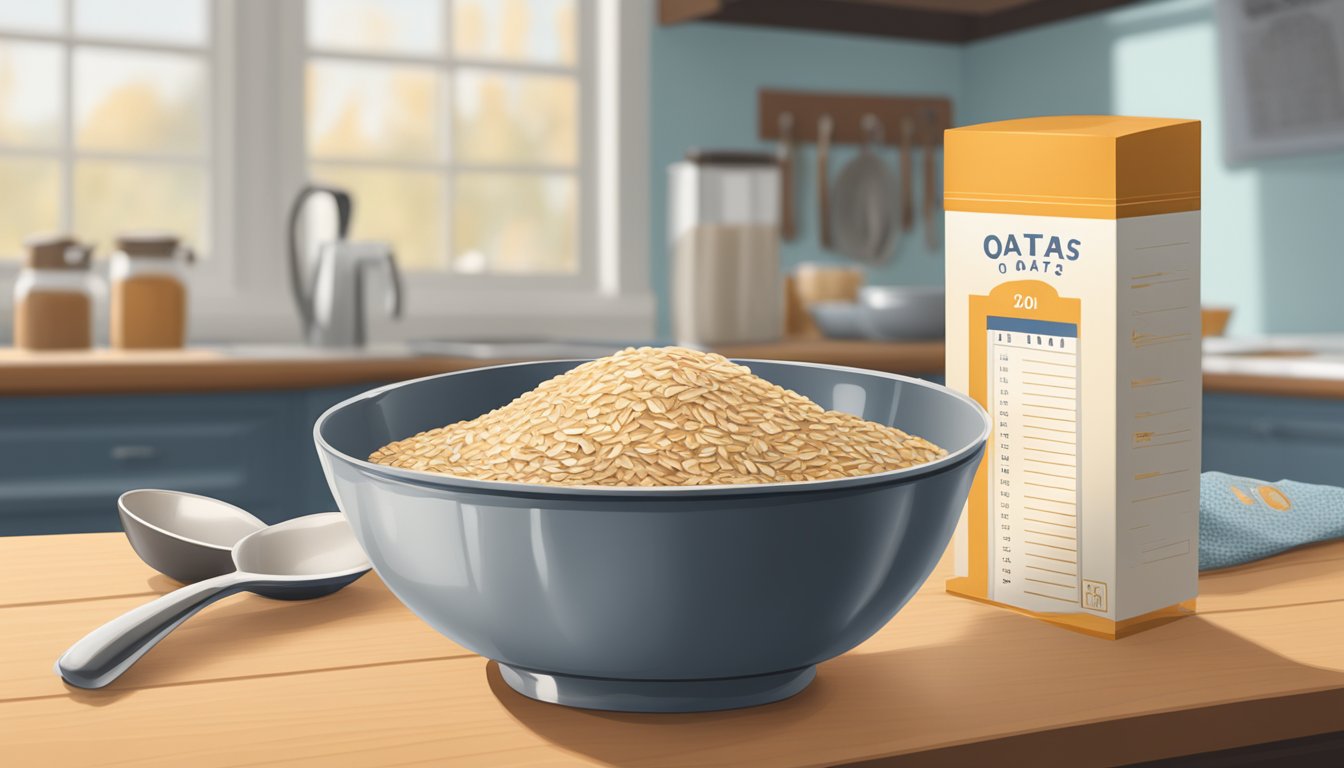 A bowl of steel-cut oats sits on a kitchen counter, surrounded by a measuring cup and a bag of oats. A calendar on the wall indicates the current date