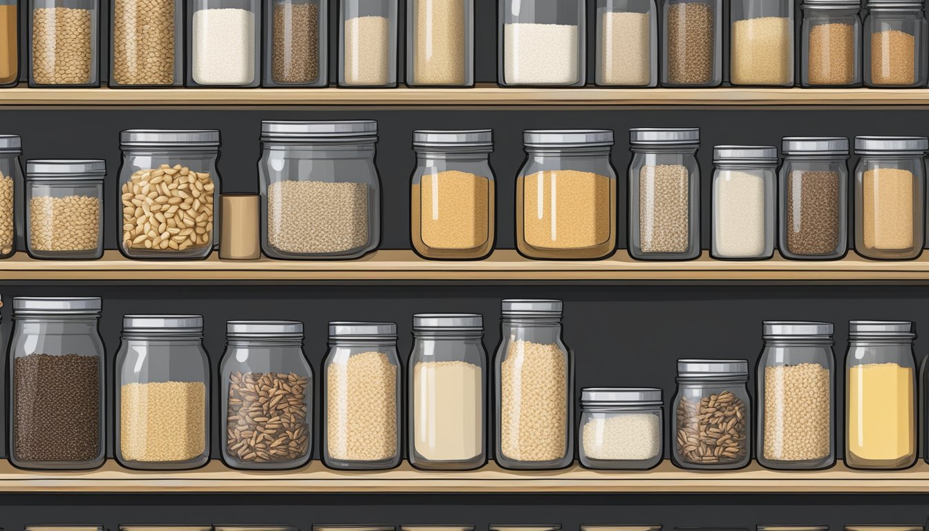 A pantry shelf filled with rows of neatly labeled glass jars containing steel-cut oats, alongside a bulk purchasing guide and long-term storage tips