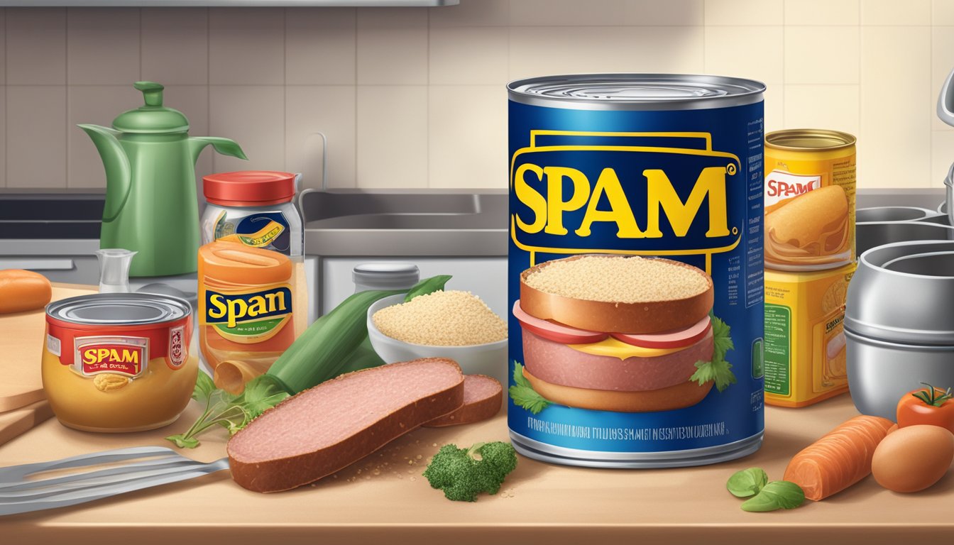 A can of Spam sits on a kitchen countertop, surrounded by various kitchen utensils and ingredients. The can appears unopened, with its expiration date clearly visible