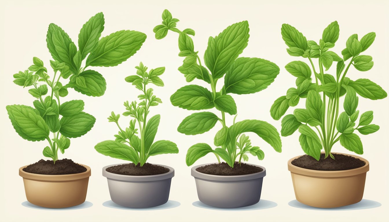 A variety of stevia plants in different stages of growth, from seedlings to mature plants