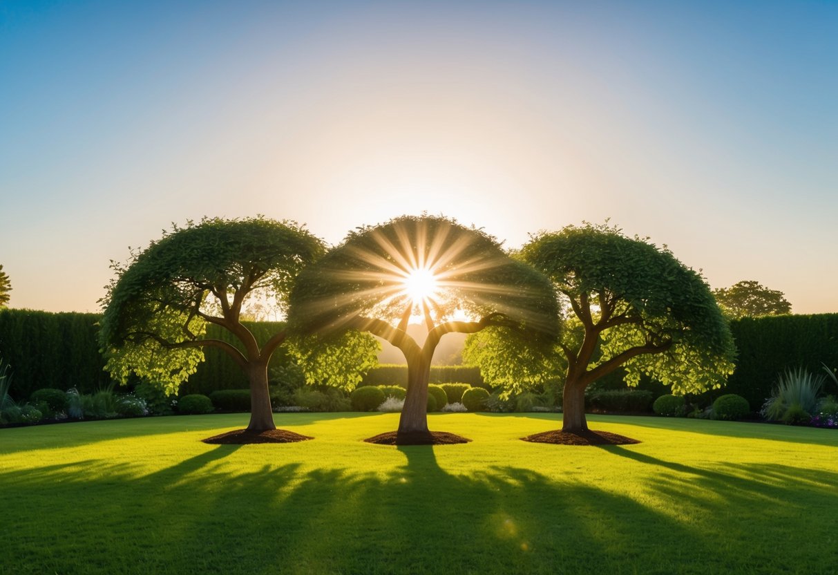 A serene garden with three intertwined trees symbolizing love, unity, and companionship, under a radiant sun