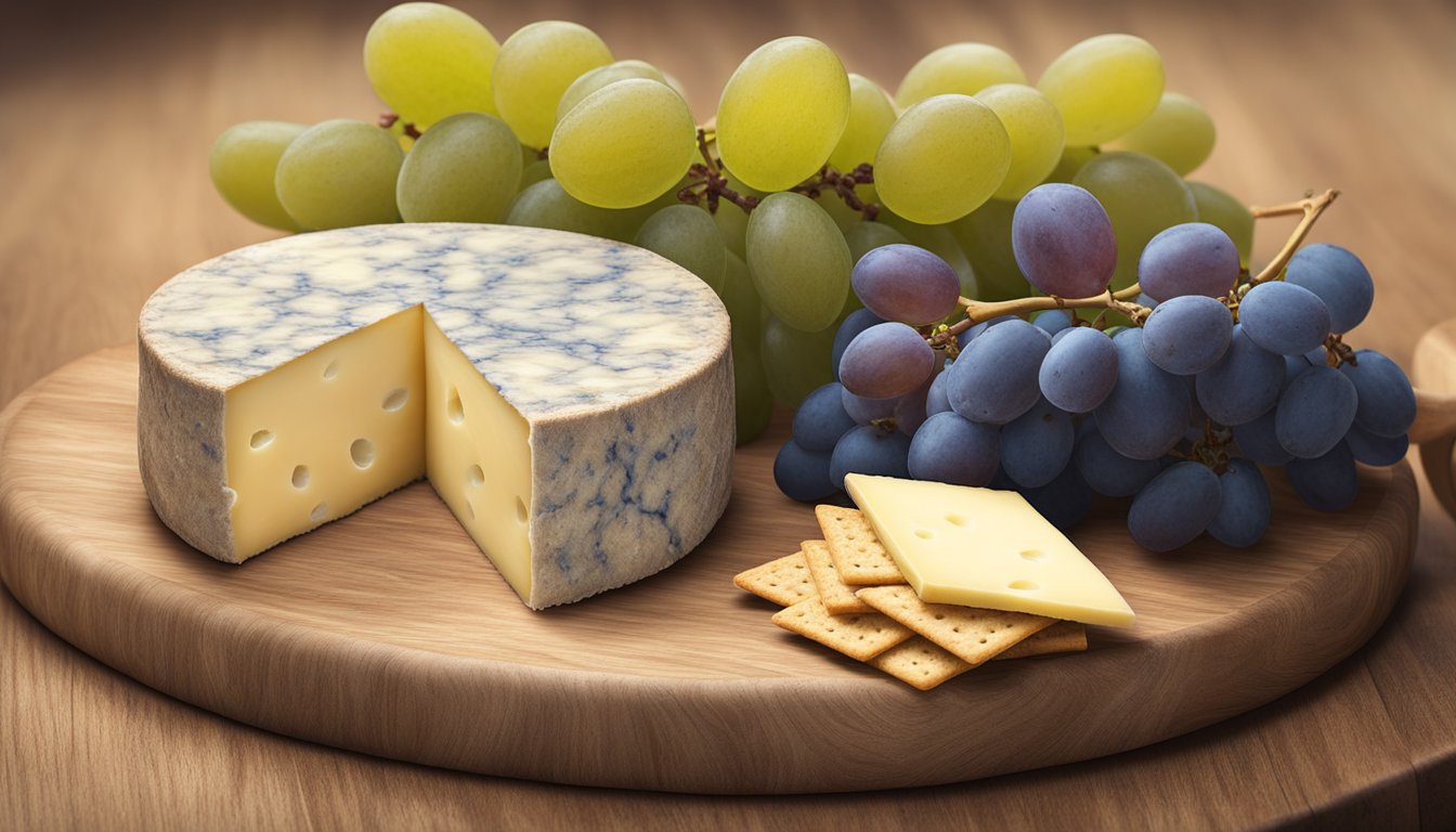 A wheel of Stilton cheese sits on a wooden cutting board, surrounded by crackers and grapes. The cheese is partially unwrapped, revealing its creamy texture and blue veining