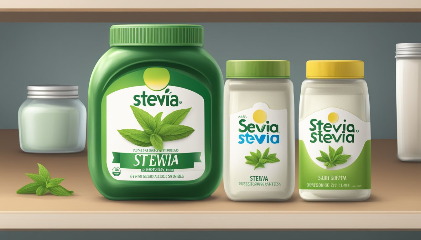 A jar of stevia sits on a shelf next to other sweeteners. The label indicates the expiration date, and the jar is sealed to preserve freshness