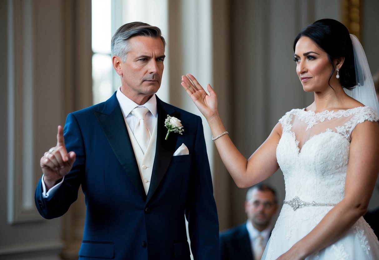 A figure in formal attire stands before a figure in a wedding dress, with a solemn expression and a commanding gesture
