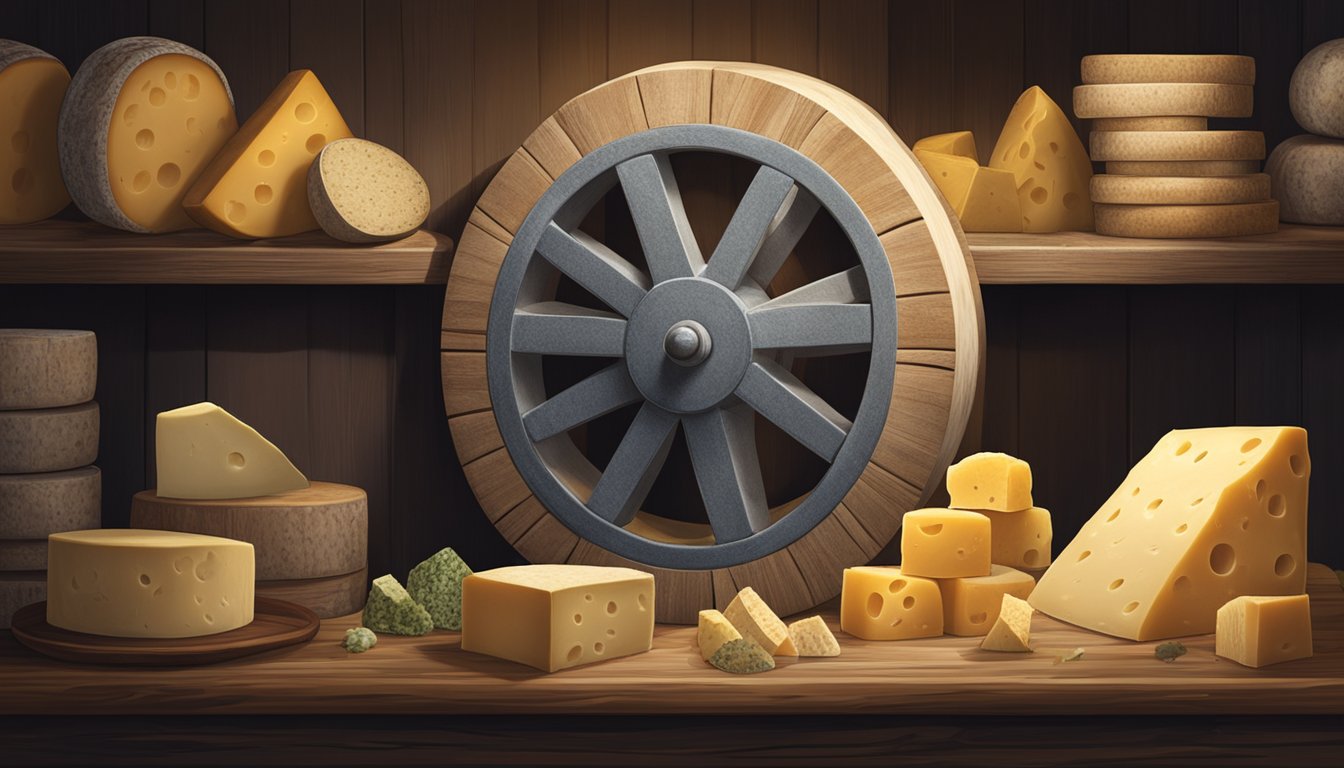 A wheel of Stilton cheese sits on a wooden shelf in a cool, dimly lit cellar, surrounded by other aging cheeses