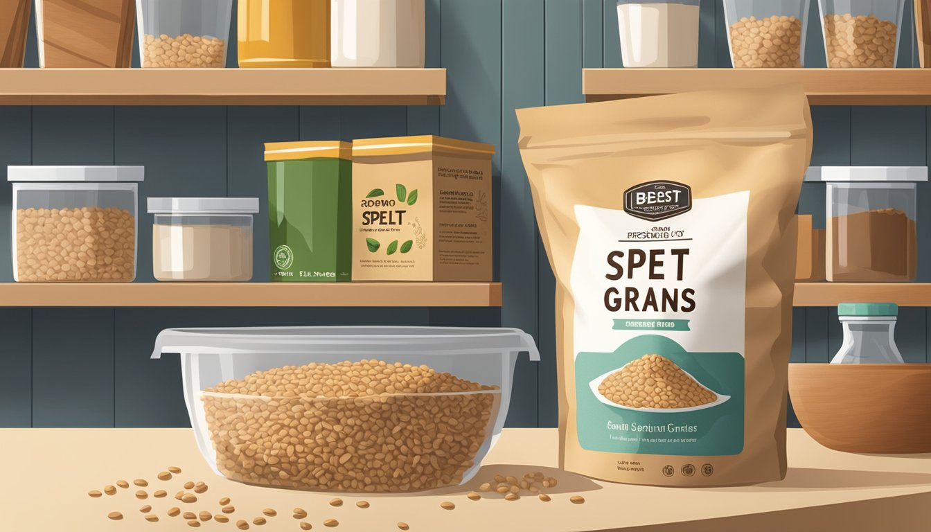 A bag of spelt grains sits on a kitchen shelf, surrounded by other pantry items. The packaging is unopened, with a best-before date clearly visible