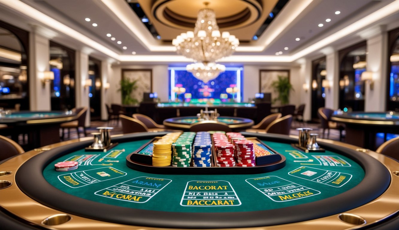 Sebuah meja baccarat mewah dengan kartu dan chip berwarna-warni, dikelilingi oleh dekorasi yang elegan dan canggih dalam suasana prestisius Indonesia