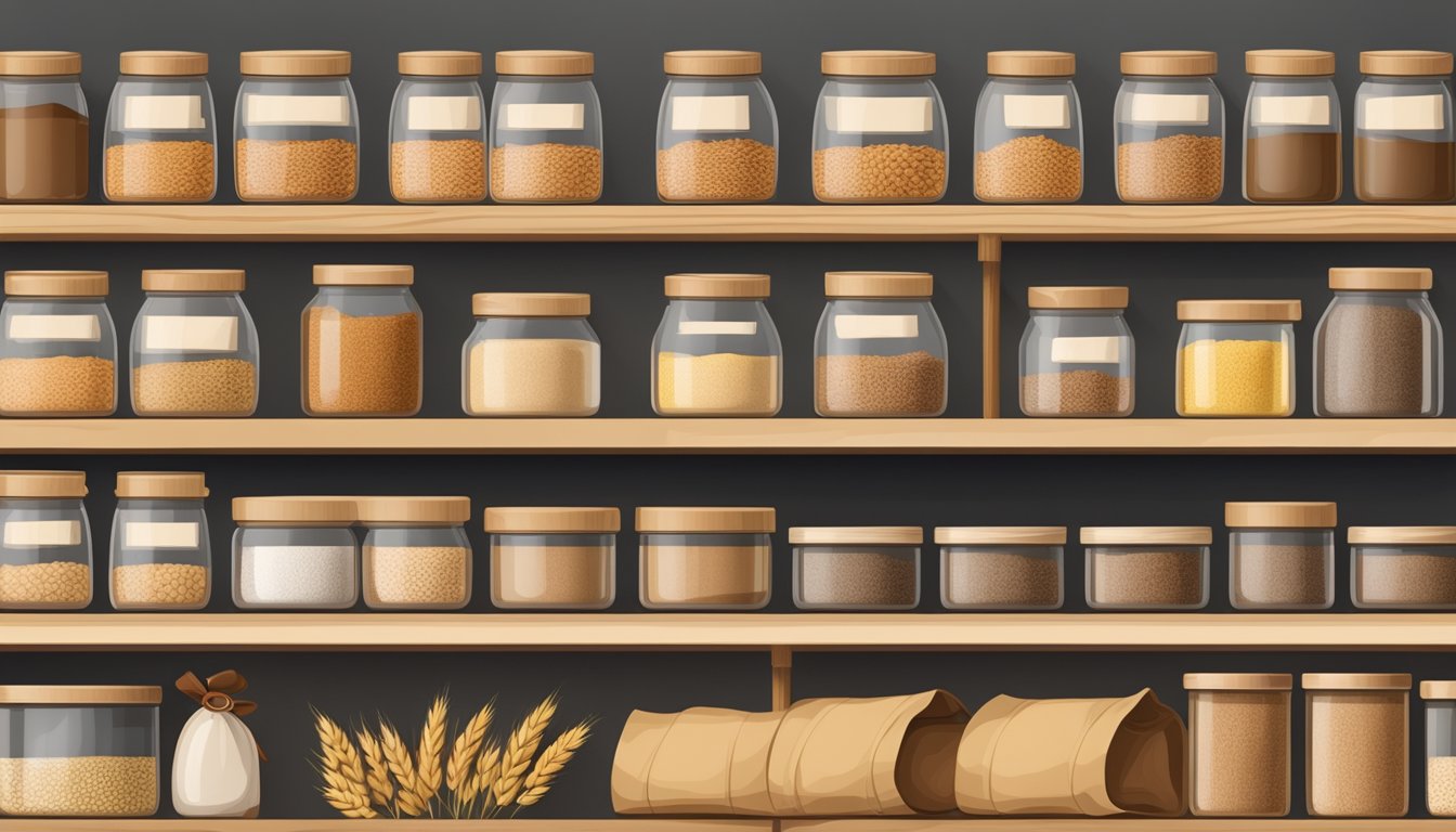 A wooden pantry shelf filled with neatly stacked bags of spelt grain, sealed and labeled for storage