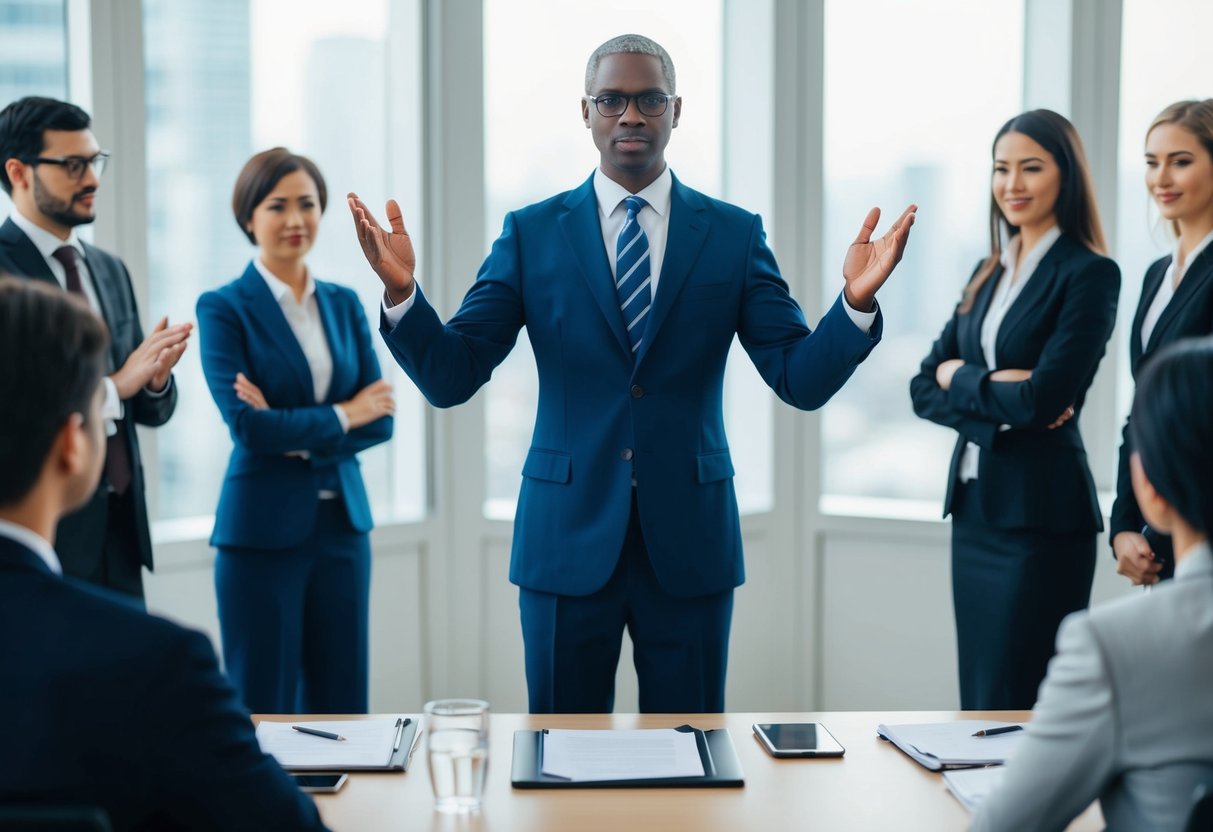 A figure standing before a group, gesturing with authority