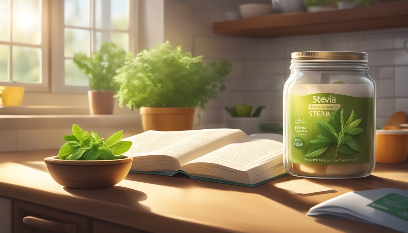 A jar of stevia sits on a kitchen counter next to a recipe book and various ingredients. The sunlight streams through the window, casting a warm glow over the scene