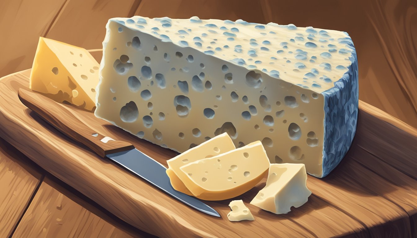 A wedge of Stilton cheese sits on a wooden cutting board, surrounded by a cheese knife and a crumbly texture. A faint aroma of earthy, tangy notes lingers in the air