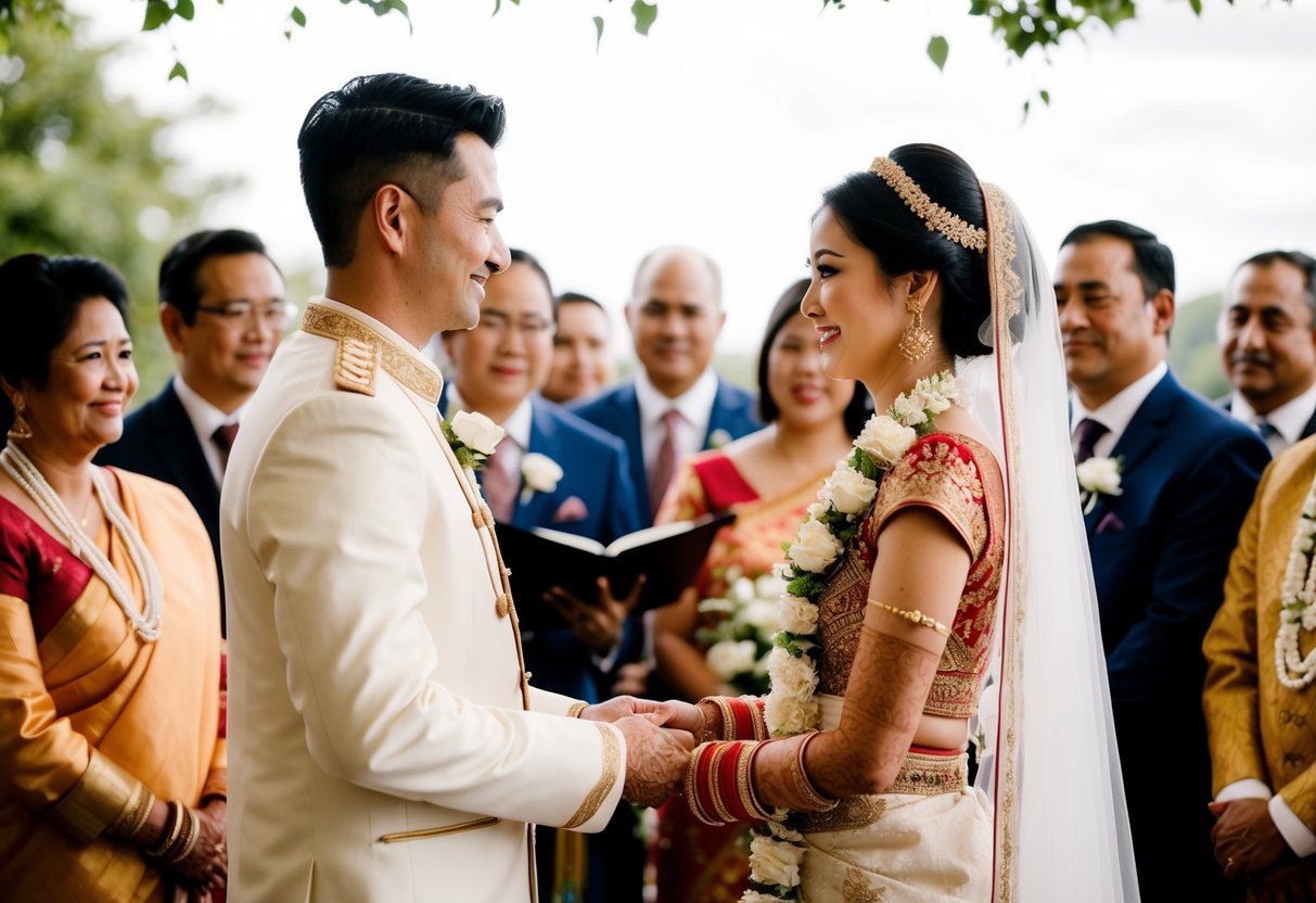 A bride and groom exchange vows in a traditional wedding ceremony, surrounded by family and friends from different cultures