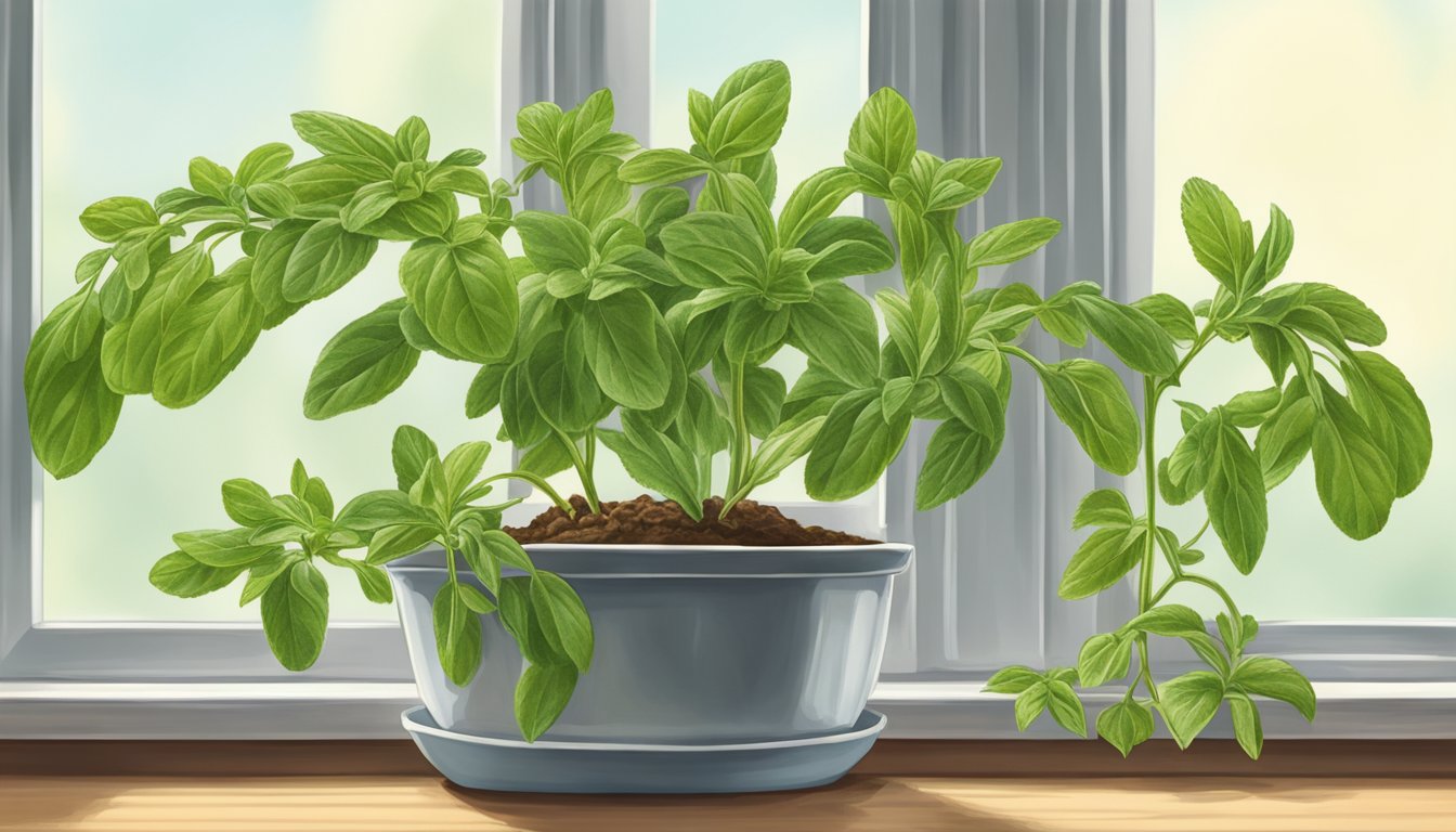 A stevia plant wilting and turning brown in a kitchen window sill