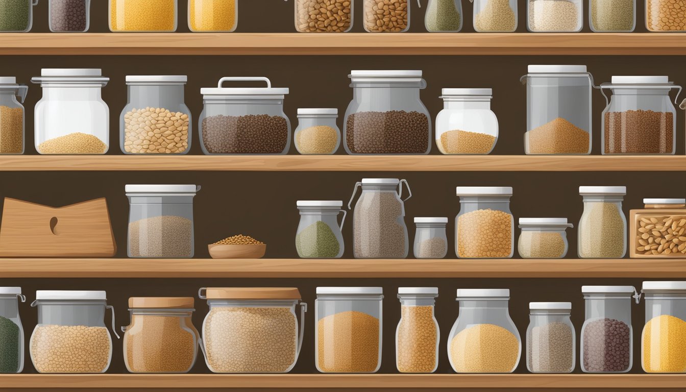 A rustic kitchen with spelt grains stored in airtight containers on a wooden shelf, surrounded by other whole grains and dried herbs