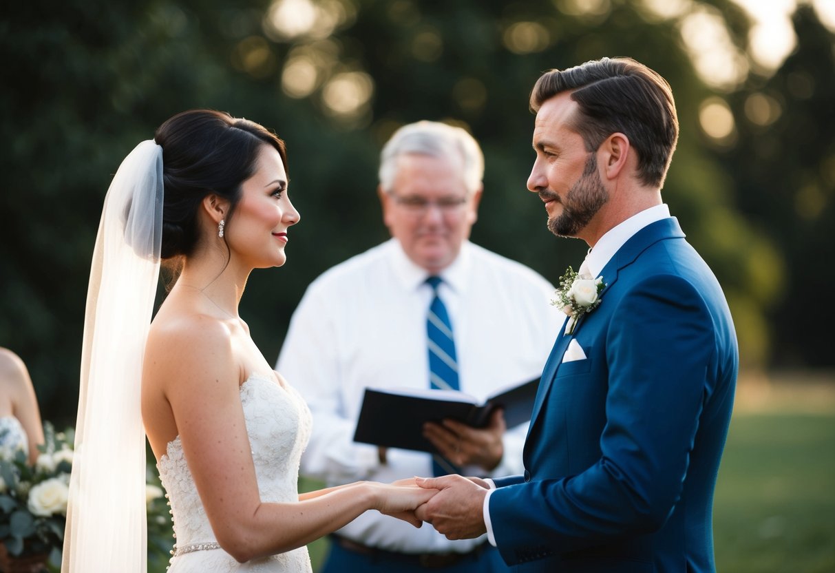 A man stands before a woman, exchanging wedding vows with a serious and sincere expression on his face