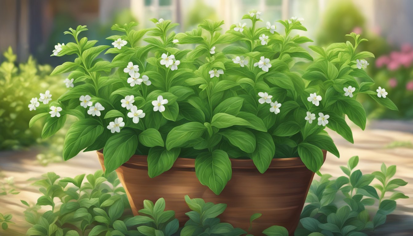 A stevia plant growing in a sunny, well-tended garden, with vibrant green leaves and small white flowers