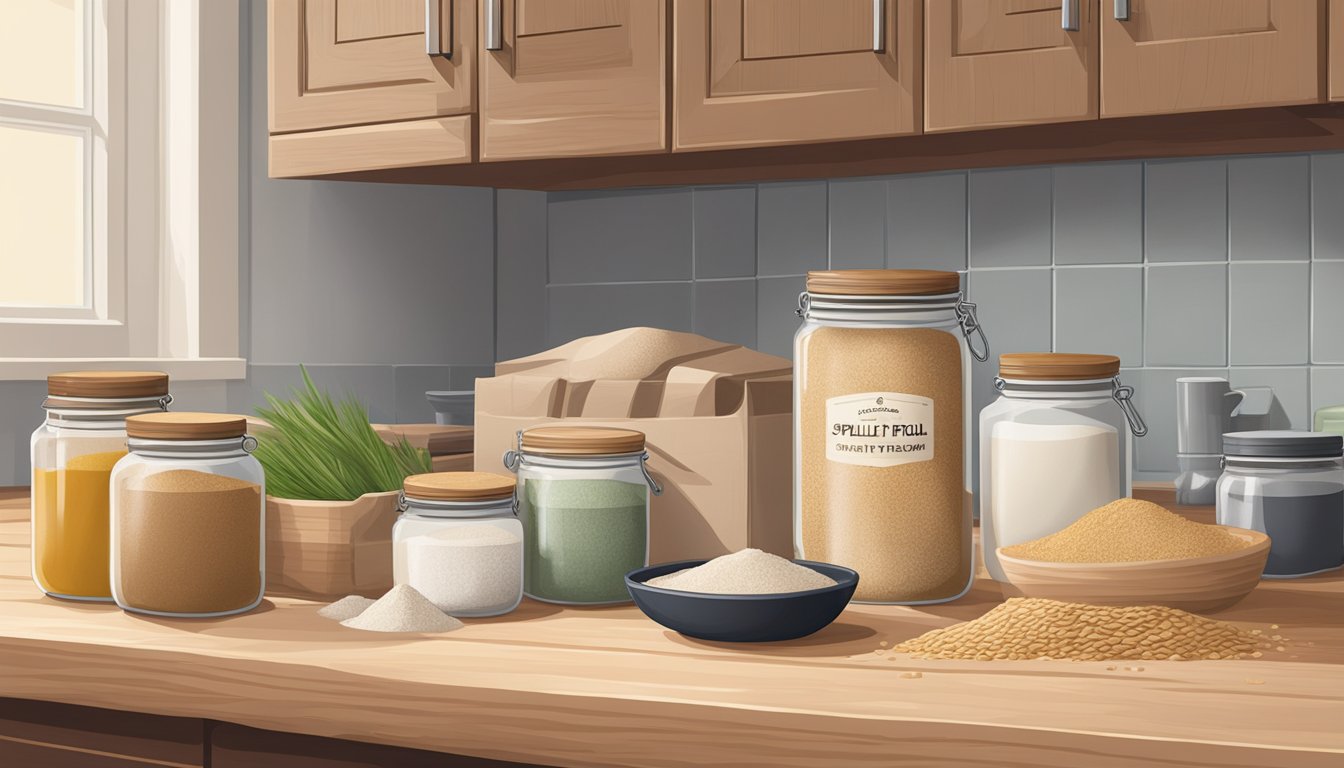 A bag of spelt flour sits on a wooden kitchen counter, surrounded by jars of ingredients